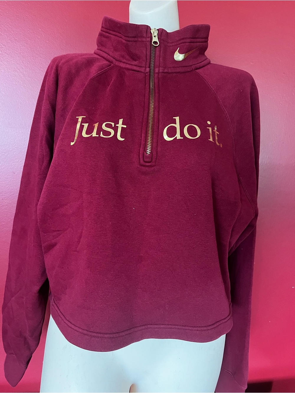 Like new Nike Maroon Half-Zip Sweatshirt with Gold 'Just Do It'